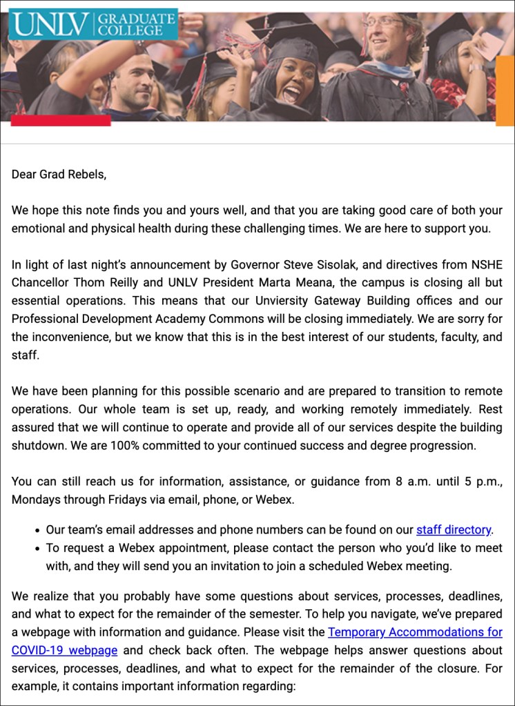 Email to graduate students with updates regarding COVID-19